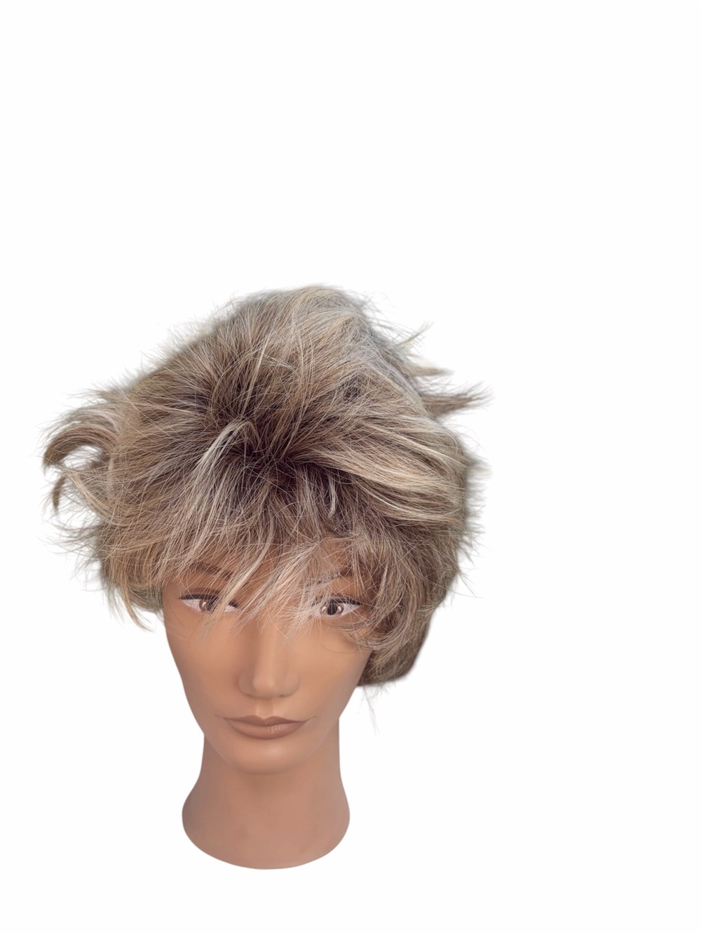 Feathered wispy blonde highlights short synthetic pixie wig with bangs dark root
